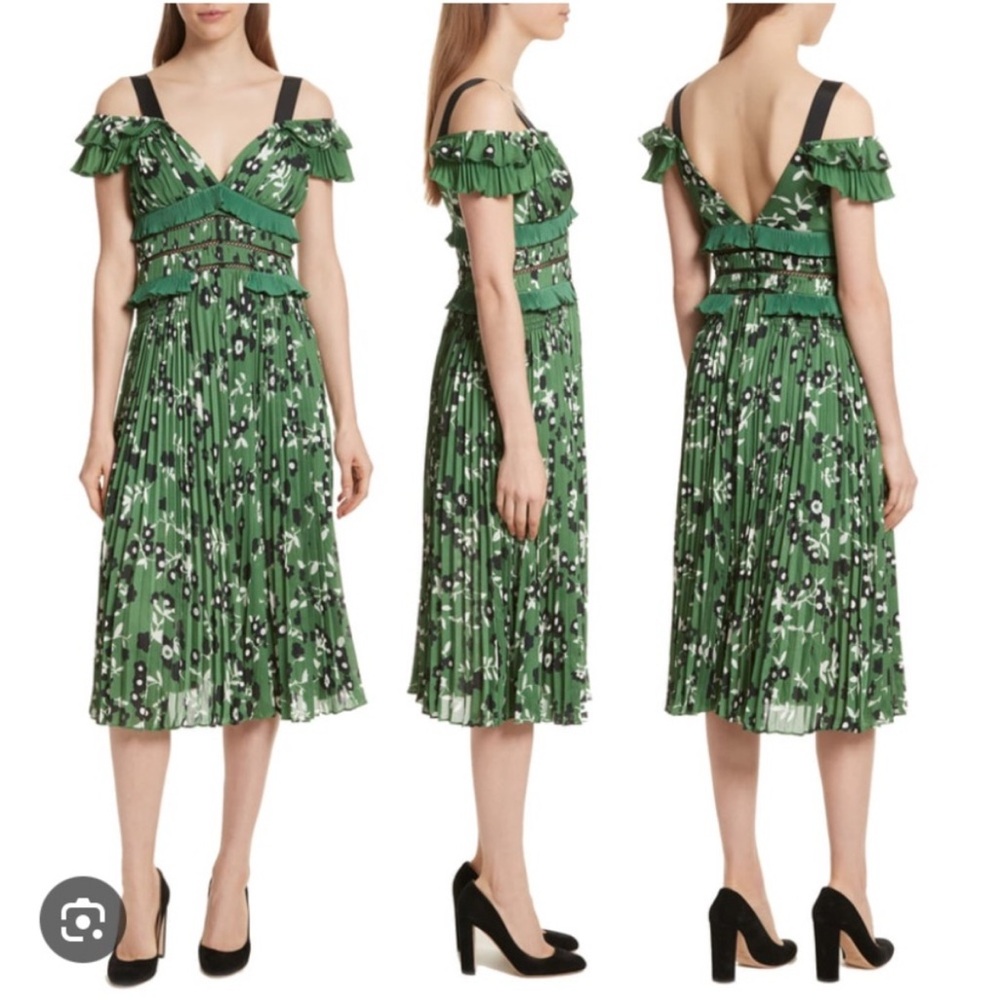 Self Portrait Cold Shoulder Green Print Midi Dress - Picture 2 of 7